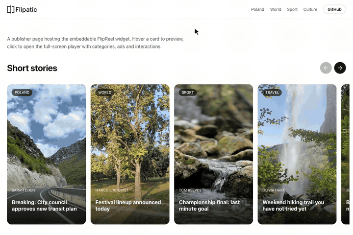 FlipReel demo: a carousel of vertical videos opens into a full-screen player, with an ad break between stories